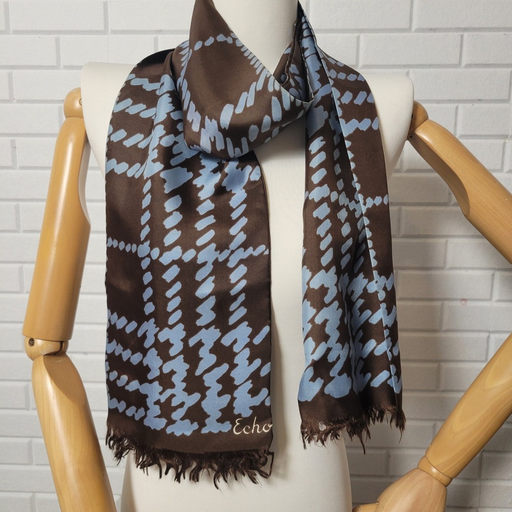 Vintage 1970s Echo Silk Scarf Abstract Houndstooth Plaid Long Mod Quiet Luxury